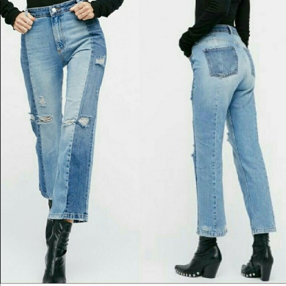 NWT FREE PEOPLE contrast patchwork boyfriend jeans - Picture 1 of 6